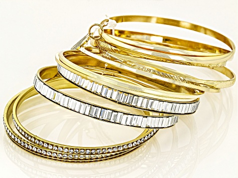 White Crystal Gold Tone Set of 12 Bangle Bracelets
