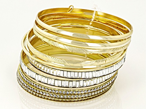 White Crystal Gold Tone Set of 12 Bangle Bracelets