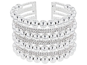 White Crystal and Silver Tone Beaded Cuff Bracelet