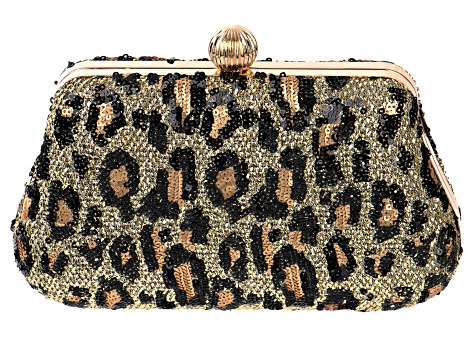 Womens Brown Black Leopard Faux Fur Gold Crossbody Strap Jewelled Clutch  Bag