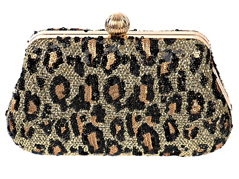 Sequin Black and Gold Leopard Animal Print Gold Tone Clutch