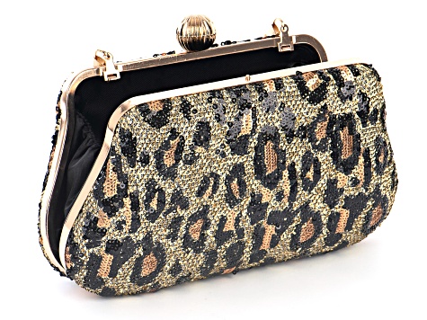 Sequin Black and Gold Leopard Animal Print Gold Tone Clutch - OPC1220 ...