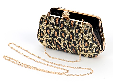 Multi-Color Crystal Gold Tone Animal Print Clutch