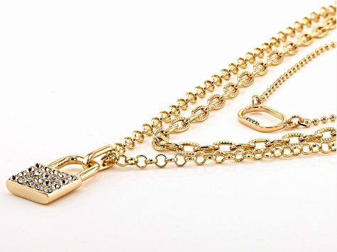 White Crystal Gold Tone Multi Layered Lock Necklace