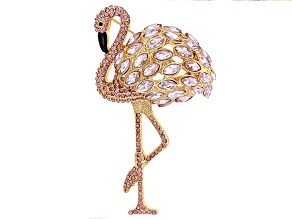 Pink and Black Crystal Gold Tone Flamingo Brooch