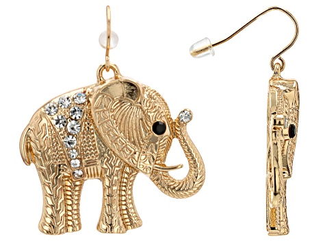 White Crystal Gold Tone Elephant Earrings