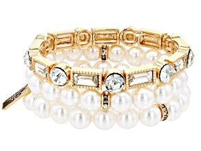 Pearl Simulant and Crystal Gold Tone Set of 3 Bracelets