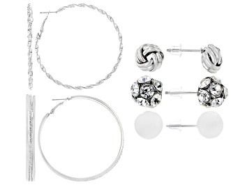 Picture of White Crystal Silver Tone Hoop And Stud Earrings Set Of 5