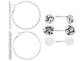 White Crystal Silver Tone Hoop And Stud Earrings Set Of 5