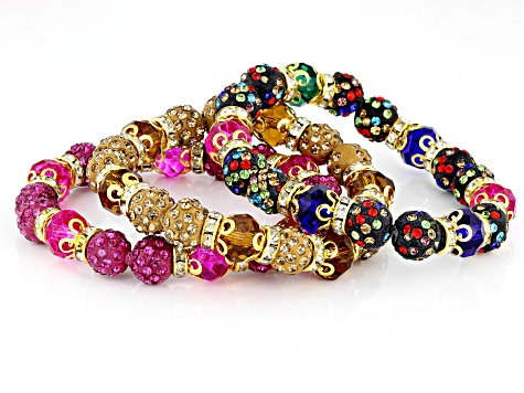 Multi Color Beaded Crystal Gold tone Stretch Bracelet Set of 3