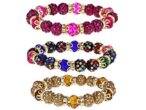 Multi Color Beaded Crystal Gold tone Stretch Bracelet Set of 3