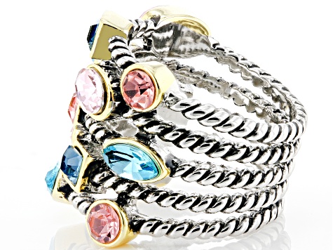 Mixed Shape Multi Color Crystal Silver Tone Multi Row Ring