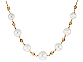 White Pearl Simulant and Brown Crystal Gold Tone Necklace