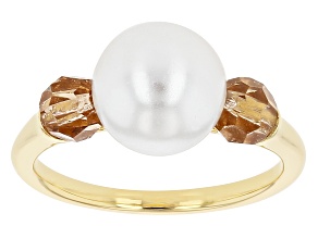 White Pearl Simulant & Brown Crystal Gold Tone Ring