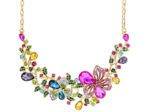Multi Color Crystal Gold Tone Floral Bib Necklace