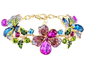 Multi Color Crystal Gold Tone Floral Statement Bracelet