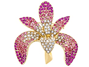 Pink and White Crystal Gold Tone Floral Brooch