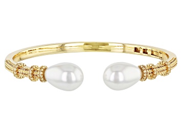 Picture of White Pearl Simulant & Crystal Gold Tone Hinged Cuff Bracelet