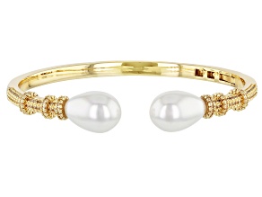 White Pearl Simulant & Crystal Gold Tone Hinged Cuff Bracelet