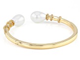 White Pearl Simulant & Crystal Gold Tone Hinged Cuff Bracelet