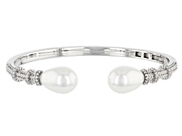 Picture of White Pearl Simulant & Crystal Silver Tone Hinged Cuff Bracelet