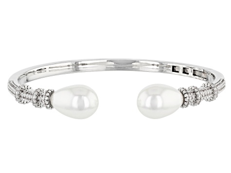 White Pearl Simulant & Crystal Silver Tone Hinged Cuff Bracelet