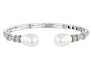 White Pearl Simulant & Crystal Silver Tone Hinged Cuff Bracelet