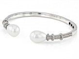 White Pearl Simulant & Crystal Silver Tone Hinged Cuff Bracelet