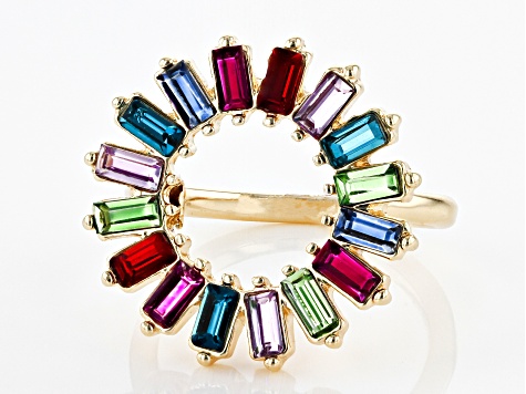 Multi-Color Rectangle Crystal Gold Tone Circle Ring
