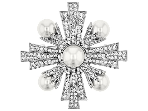 White Crystal and Pearl Simulant Silver Tone Pin/Brooch - OPC1274 | JTV.com