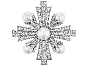 White Crystal and Pearl Simulant Silver Tone Pin/Brooch