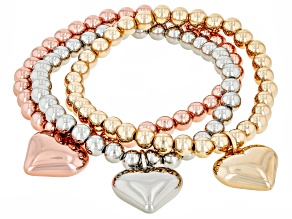 Tr-Color Set of 3 Heart Charm Stretch Bracelets