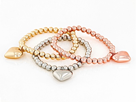 Tr-Color Set of 3 Heart Charm Stretch Bracelets