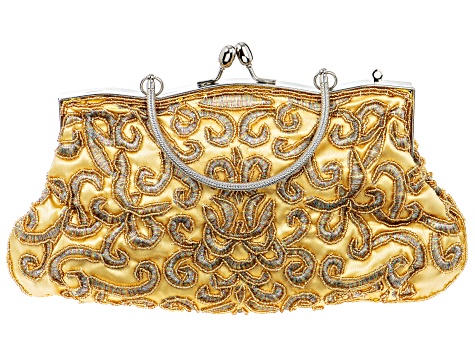 Gold Beaded Gold Fabric Silver Tone Clutch