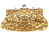 Gold Beaded Gold Fabric Silver Tone Clutch
