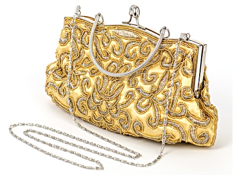 Gold Beaded Gold Fabric Silver Tone Clutch
