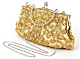 Gold Beaded Gold Fabric Silver Tone Clutch