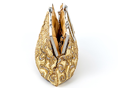 Gold Beaded Gold Fabric Silver Tone Clutch