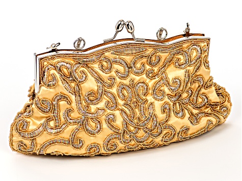 Gold Beaded Gold Fabric Silver Tone Clutch