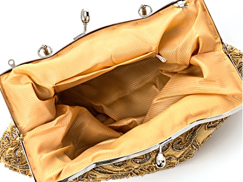 Gold Beaded Gold Fabric Silver Tone Clutch