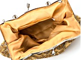 Gold Beaded Gold Fabric Silver Tone Clutch