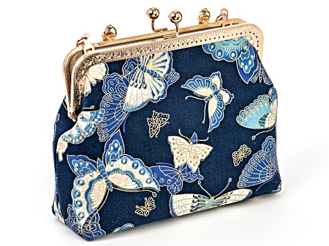Butterfly Fabric Gold Tone Clutch