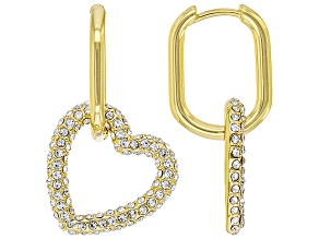 White Crystal Gold Tone Paperclip Heart Dangle Earrings
