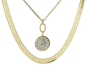 White Crystal Gold Tone 1.5mm Oval Cable & 7.5mm Herringbone Layered Necklace