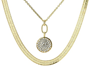 Picture of White Crystal Gold Tone 1.5mm Oval Cable & 7.5mm Herringbone Layered Necklace