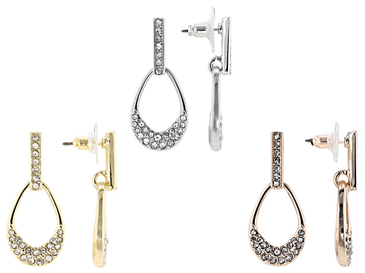 White Crystal, Rose, Silver & Gold Tone Set of 3 Earrings