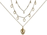 White Crystal Gold Tone Triple Strand Shield Necklace