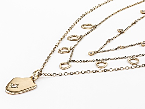 White Crystal Gold Tone Triple Strand Shield Necklace