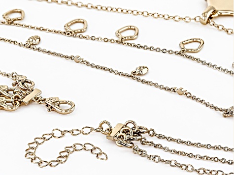 White Crystal Gold Tone Triple Strand Shield Necklace