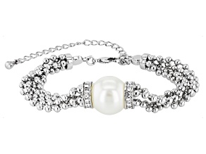 White Pearl Simulant & Crystal Silver Tone Multi Strand Bracelet